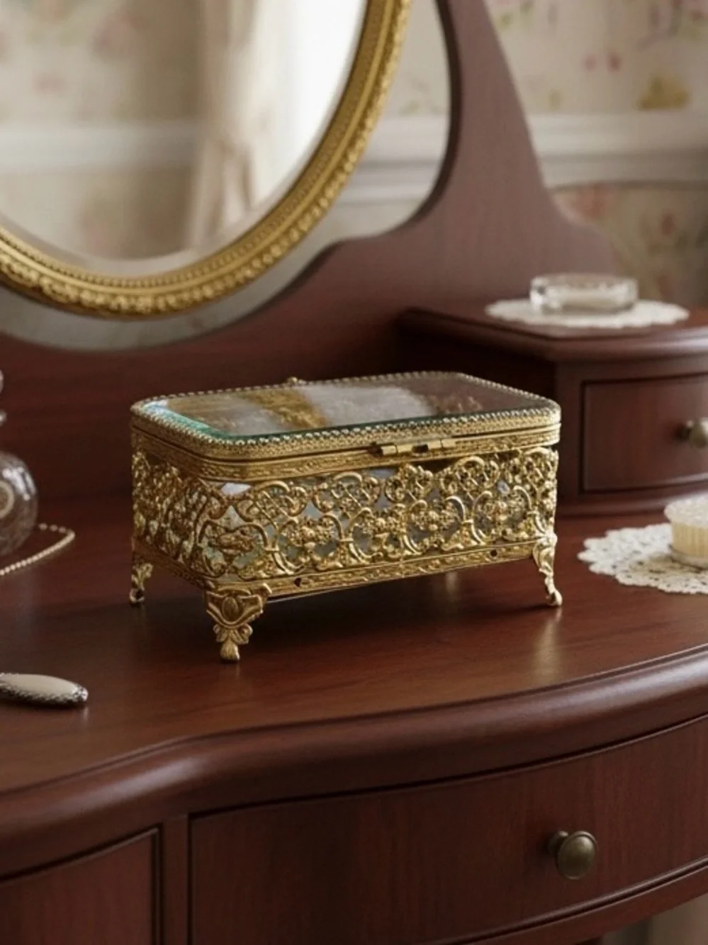 1960s Matson 24k Gold Plated Ornate Ormolu Filigree Footed Jewelry Box